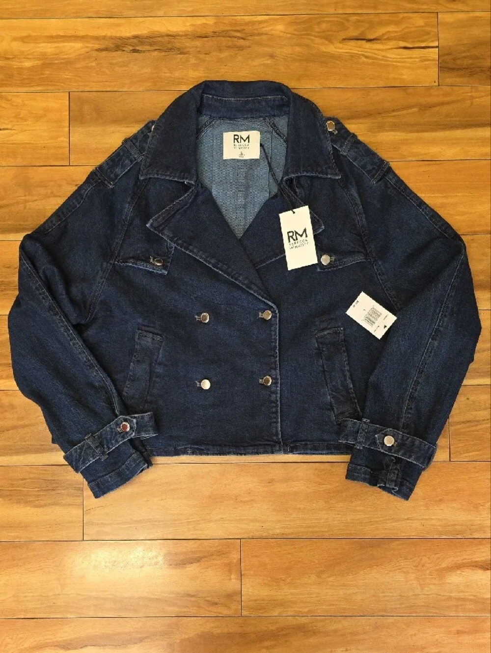 RM Rebecca Minkoff Double Breasted Cropped Denim Trench Jacket Sz LG NEW